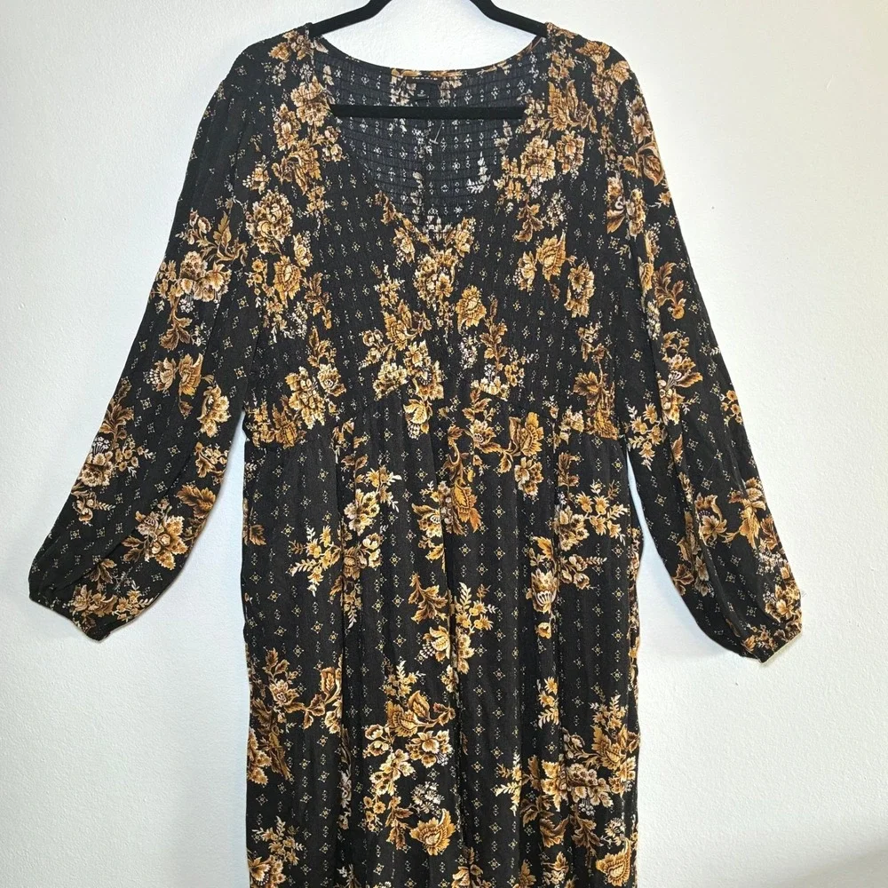 Torrid Floral Smocked V-Neck Boho Midi Dress Chic Romantic Peasant Size 2XL
